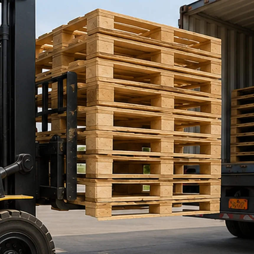 Montacargas cargando tarimas de madera tratadas para exportación en Tarimas Garo, Puebla